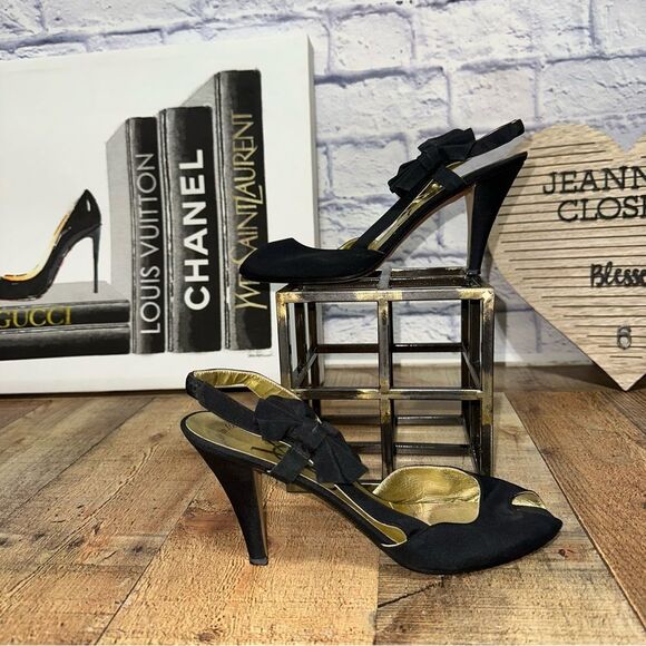 VTG YSL Shoes 8.5 Black Satin Pumps Vero Cuoio Made In Italy Vintage - Picture 1 of 9